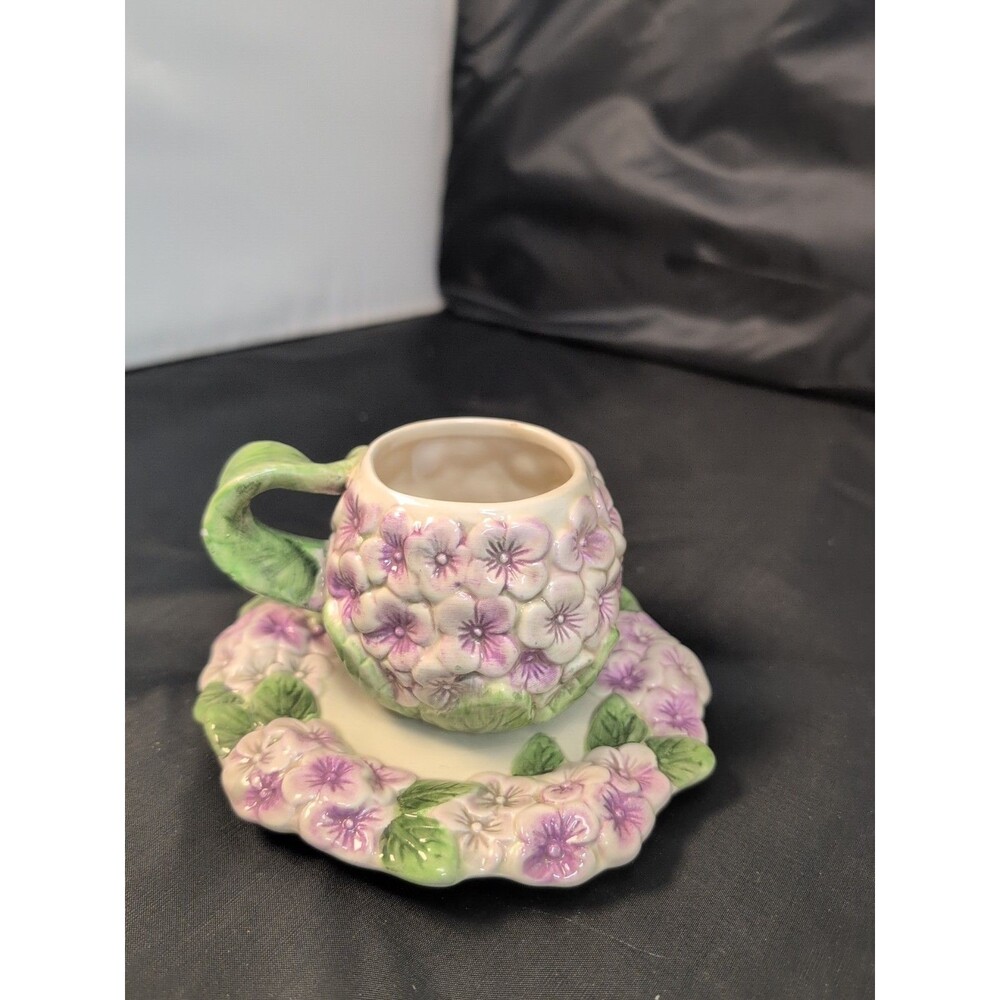 Vintage Hydrangea Figural 3D Cup and Saucer Set Purple and Green Floral Tea Set